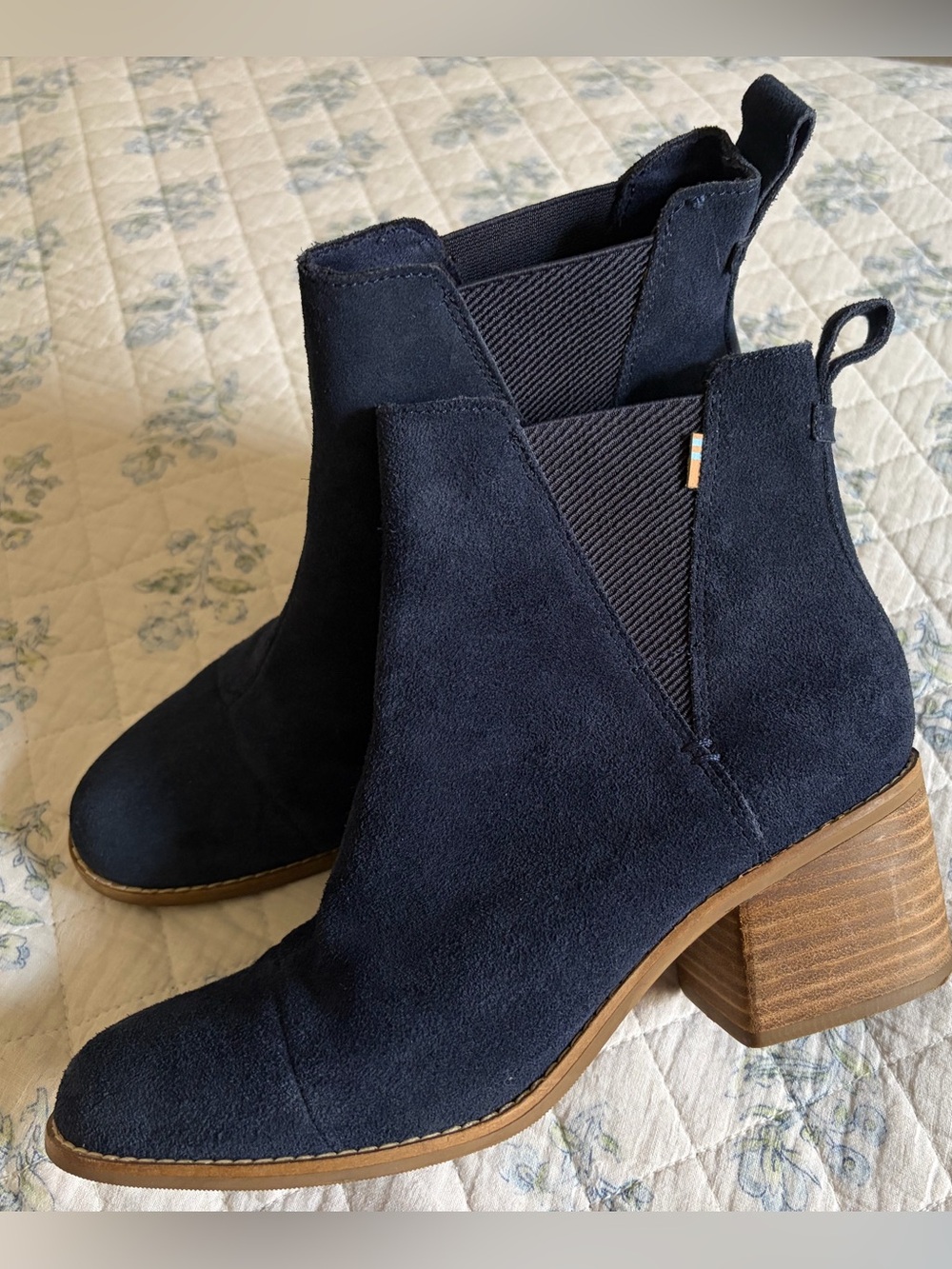 Toms Navy Suede Chelsea Booties with Stacked Heel